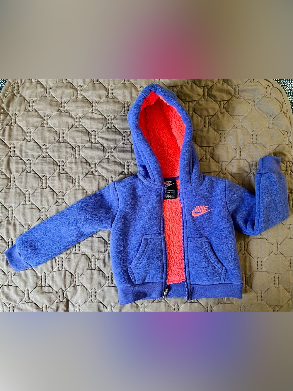 Nike Kids' Purple Fleece Hoodie with Pink Sherpa Lining Size 1-2 Yrs